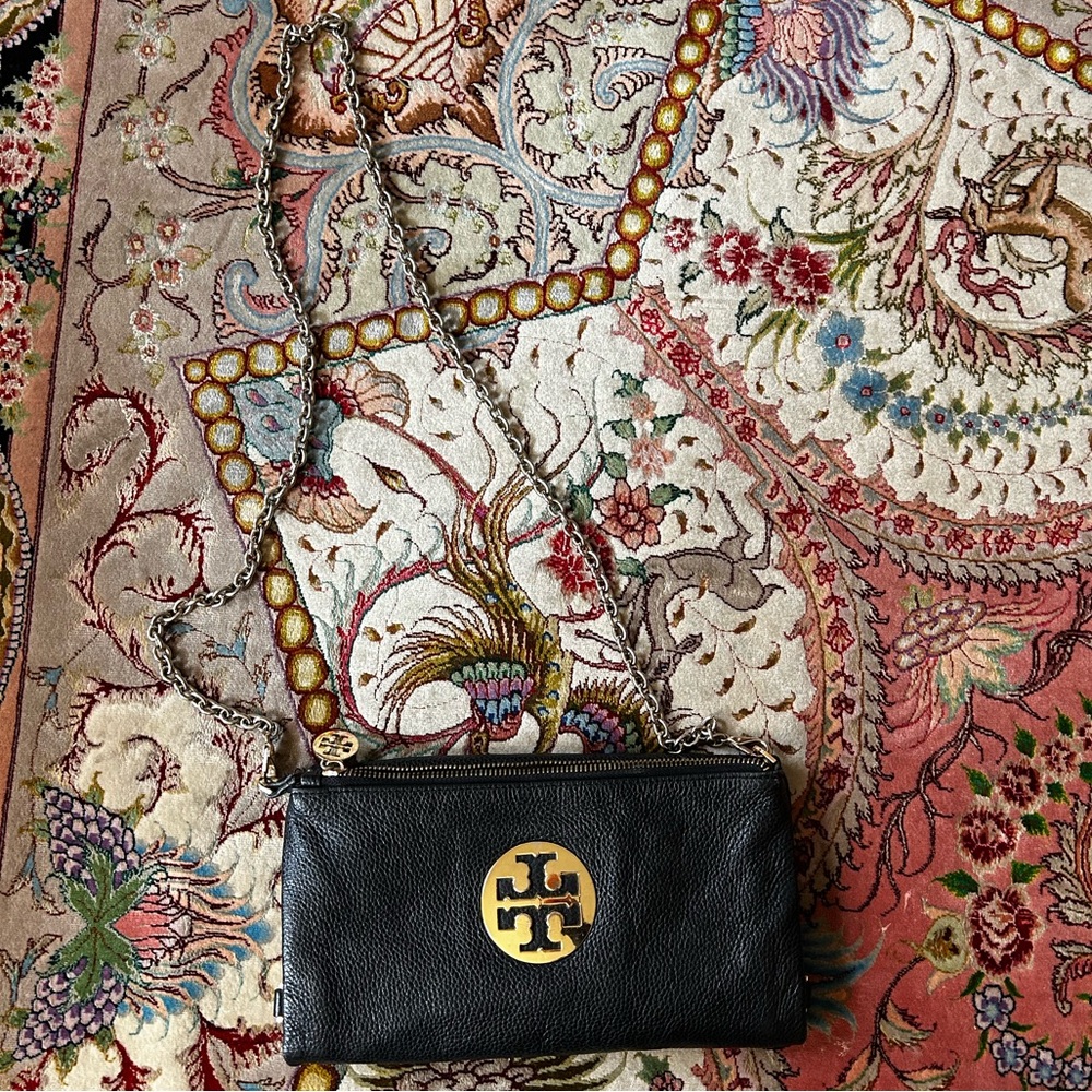 Tory Burch Black Leather Crossbody with Gold Logo